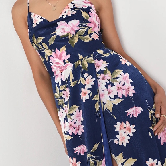 Lulu's Love of Romance Navy Floral Print Satin Cowl Neck Maxi Dress - Picture 4 of 8